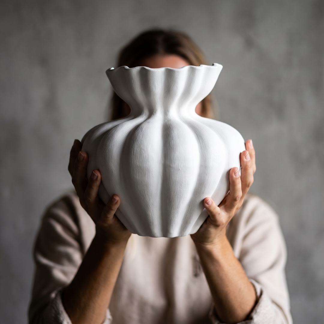 Ember Terracotta Vase, Hand-painted in Linen White or Jet Black, 8.6"D x 8.6"H