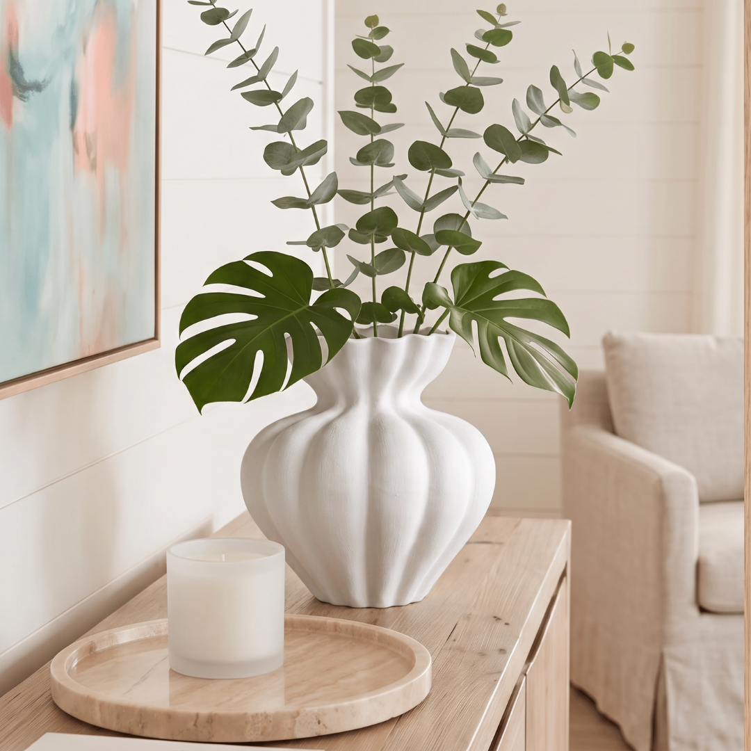 Ember Terracotta Vase, Hand-painted in Linen White or Jet Black, 8.6"D x 8.6"H