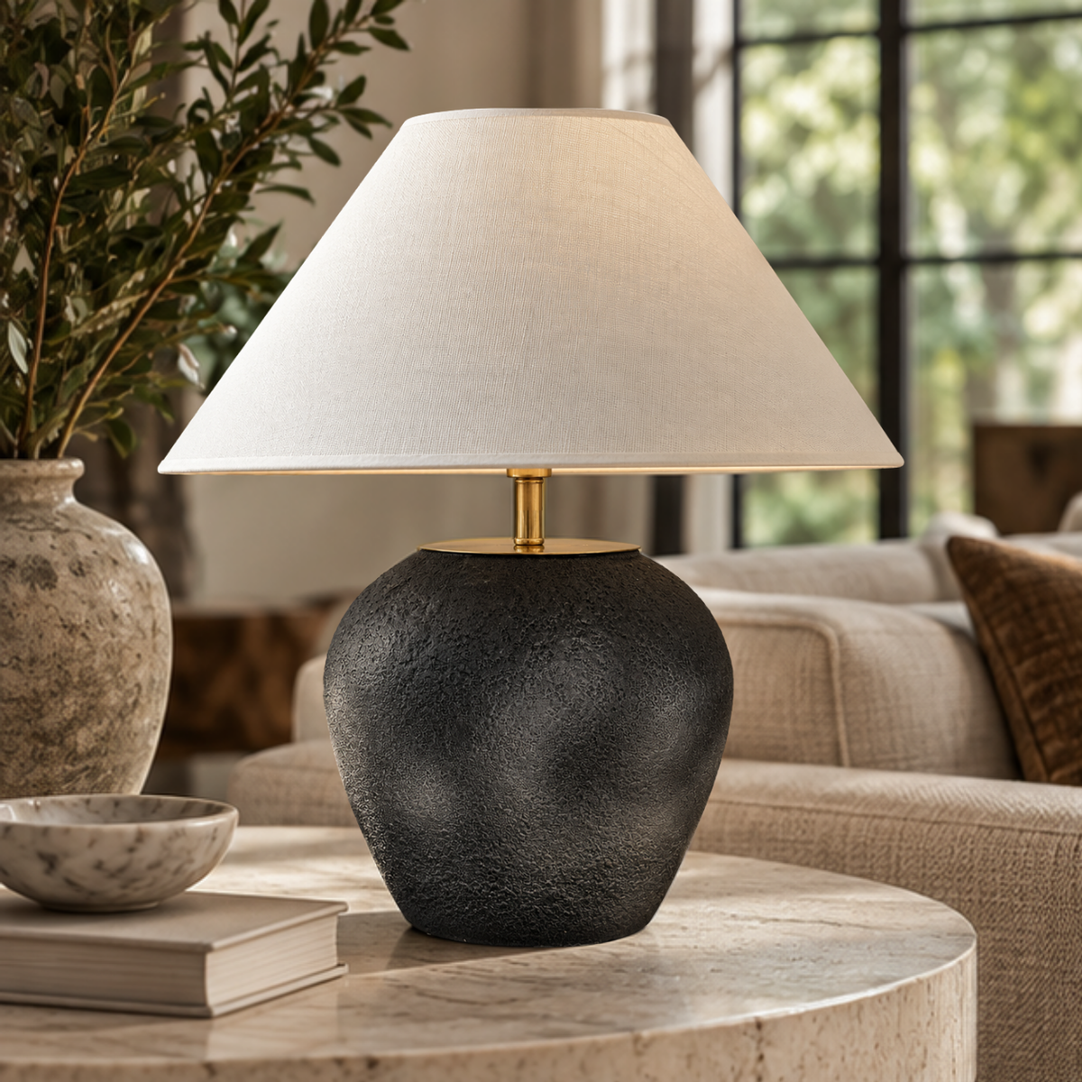 Lythra, Textured Stone-Inspired Base with Elegant Conical Shade, 16.5" D x 19.7" H