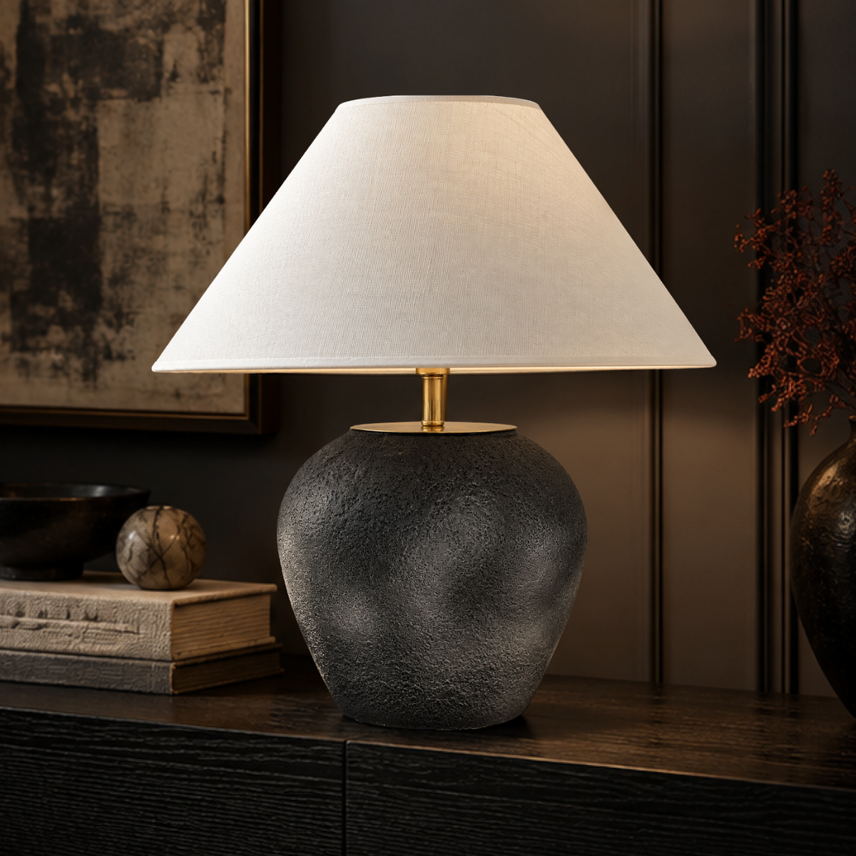Lythra, Textured Stone-Inspired Base with Elegant Conical Shade, 16.5" D x 19.7" H