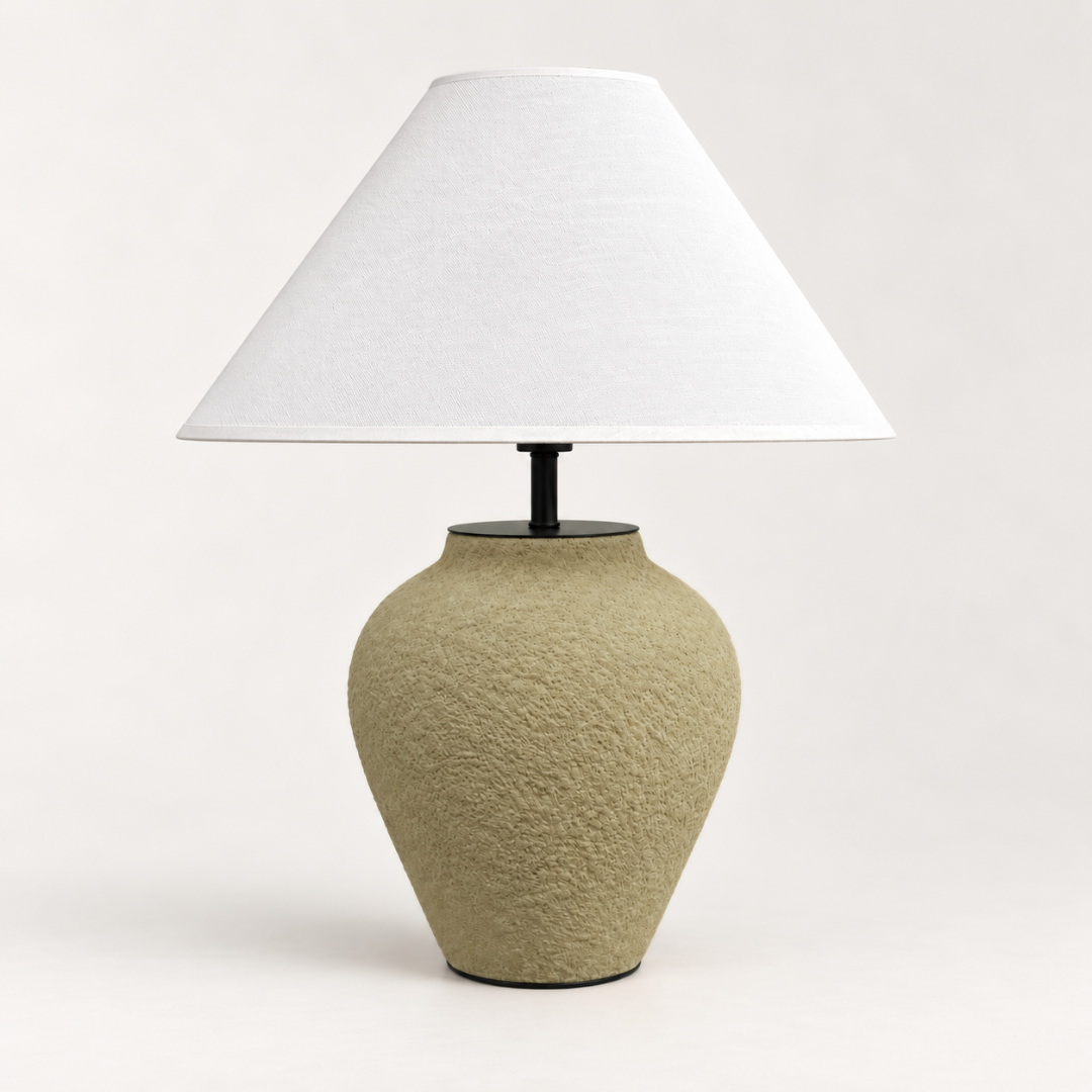 Myra, Textured Ceramic Base with Glow Hemp Blend Shade, 15" D x 25.6" H