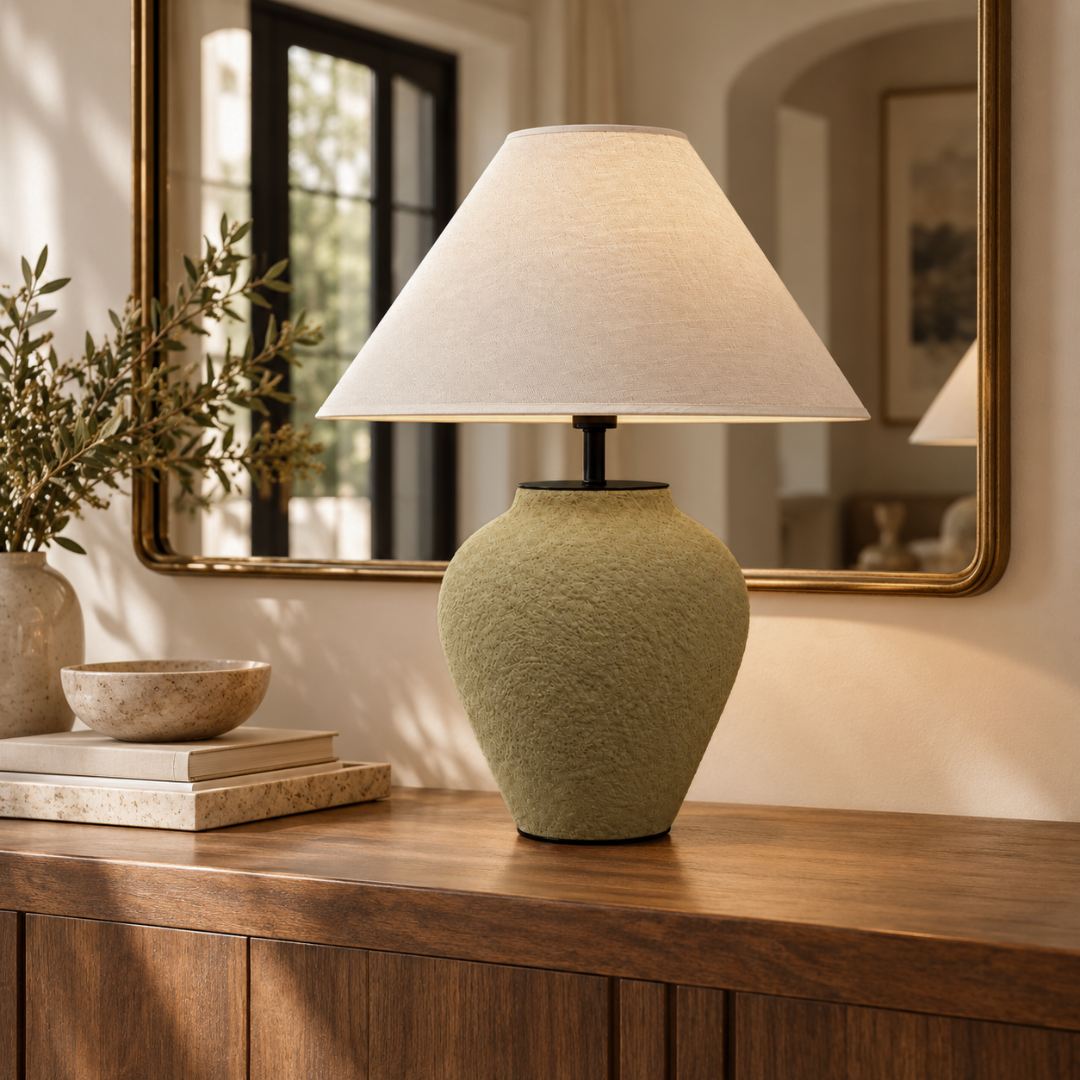 Myra, Textured Ceramic Base with Glow Hemp Blend Shade, 15" D x 25.6" H