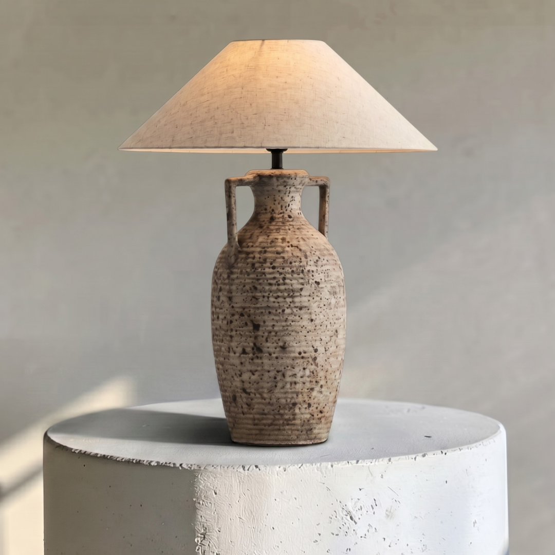 Amphora, Rustic Ceramic Base with Classic Fabric Shade, 19.7" D x 28.3" H