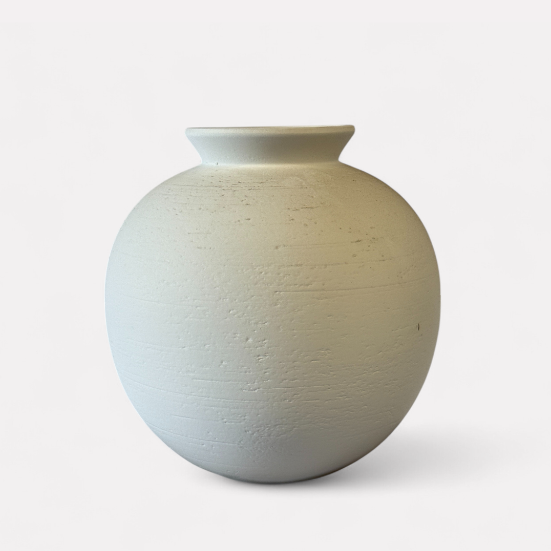 Relic, Terracotta Vessel, Handpainted in White, 10.2" D x 10.6" H