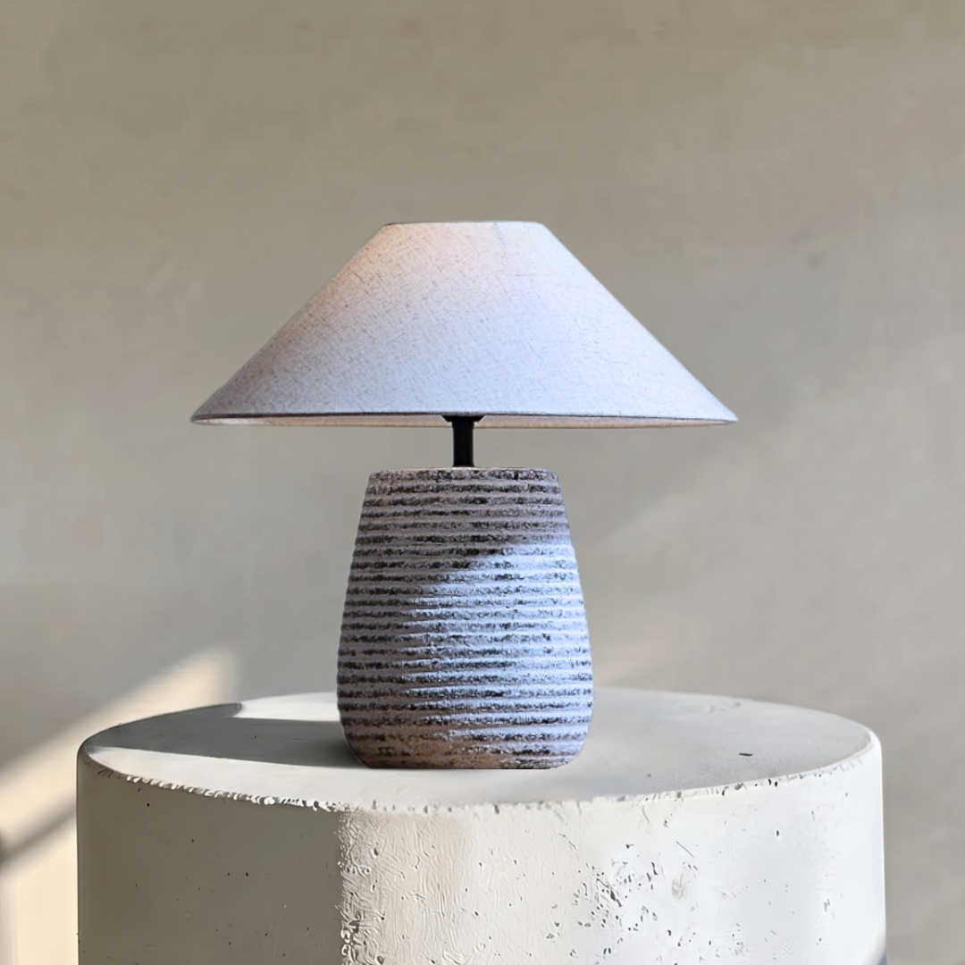 Solvia, Striated Sandstone Ceramic Base with Linen Dawn Fabric Shade, 19.7" D x 19.7" H