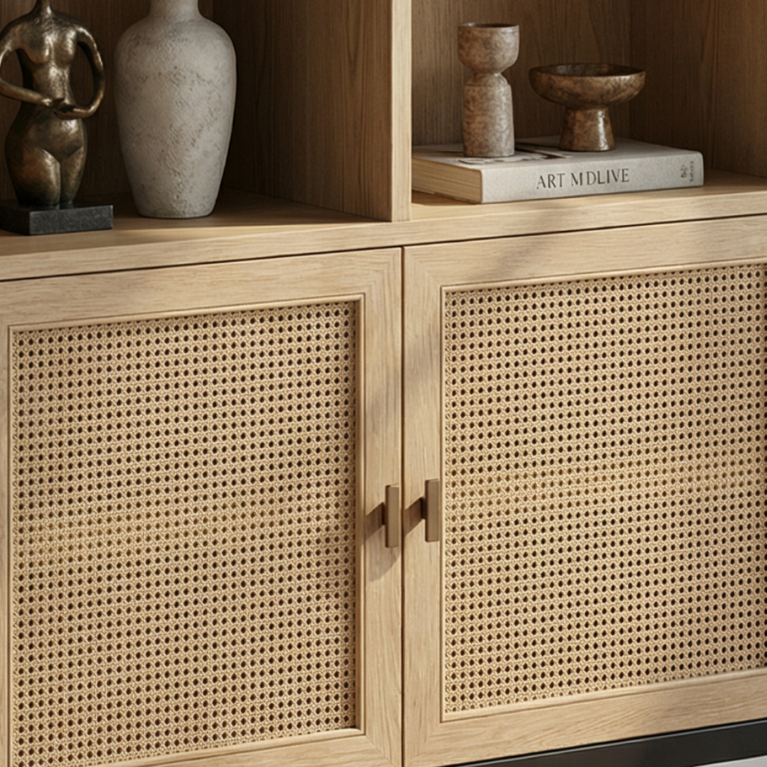 Arke, Oak & Rattan Display Bookcase in Natural Oak, Matte Brushed Black & Rattan Weave 50”L x 16.5”W x 83”H