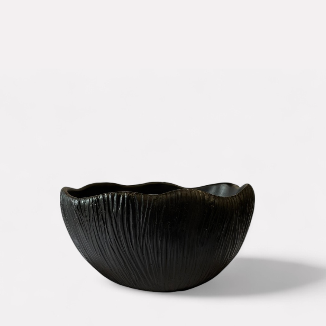 Somerset Bowl, Artisan Cement Display Piece Hand-painted in Jet Black, 11.6' L x 9.8" W x 5.9" H