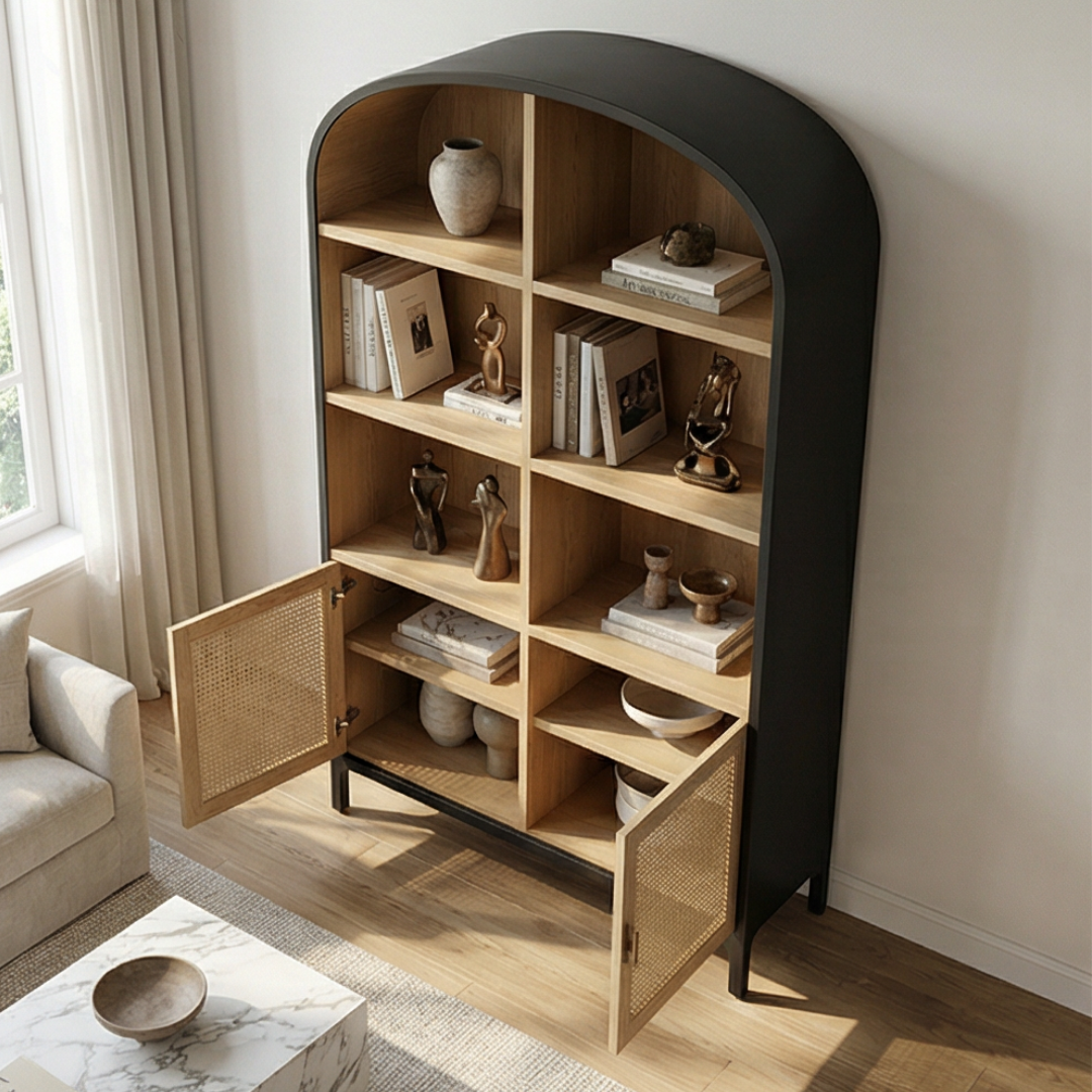 Arke, Oak & Rattan Display Bookcase in Natural Oak, Matte Brushed Black & Rattan Weave 50”L x 16.5”W x 83”H