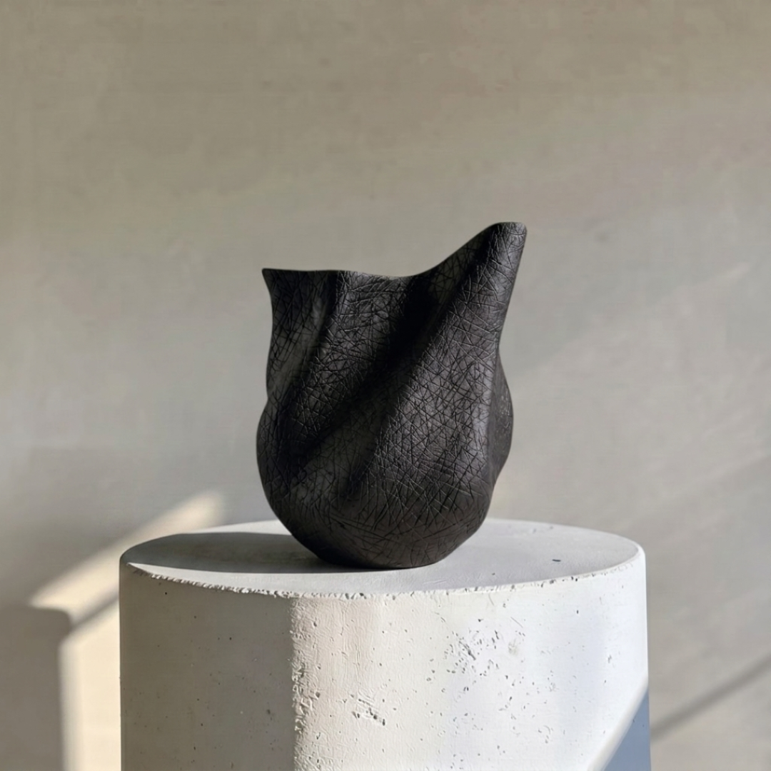 Everest Terracotta Vessel, Hand-painted in Jet Black, 11.4"L x 10"W x 13."H
