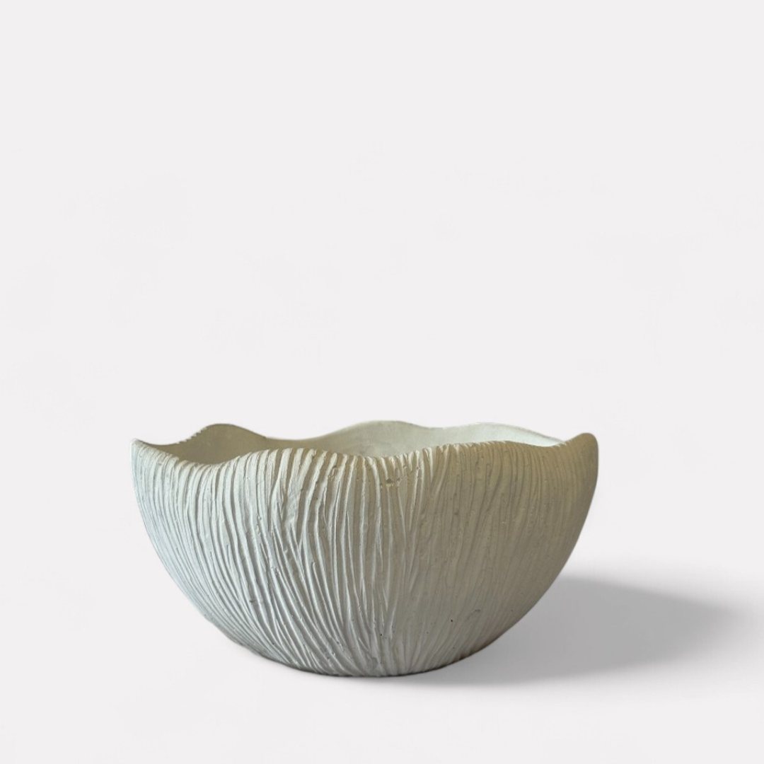 Somerset Bowl, Artisan Cement Display Piece Hand-painted in White Dove, 11.6" L x 9.8" W x 5.9" H