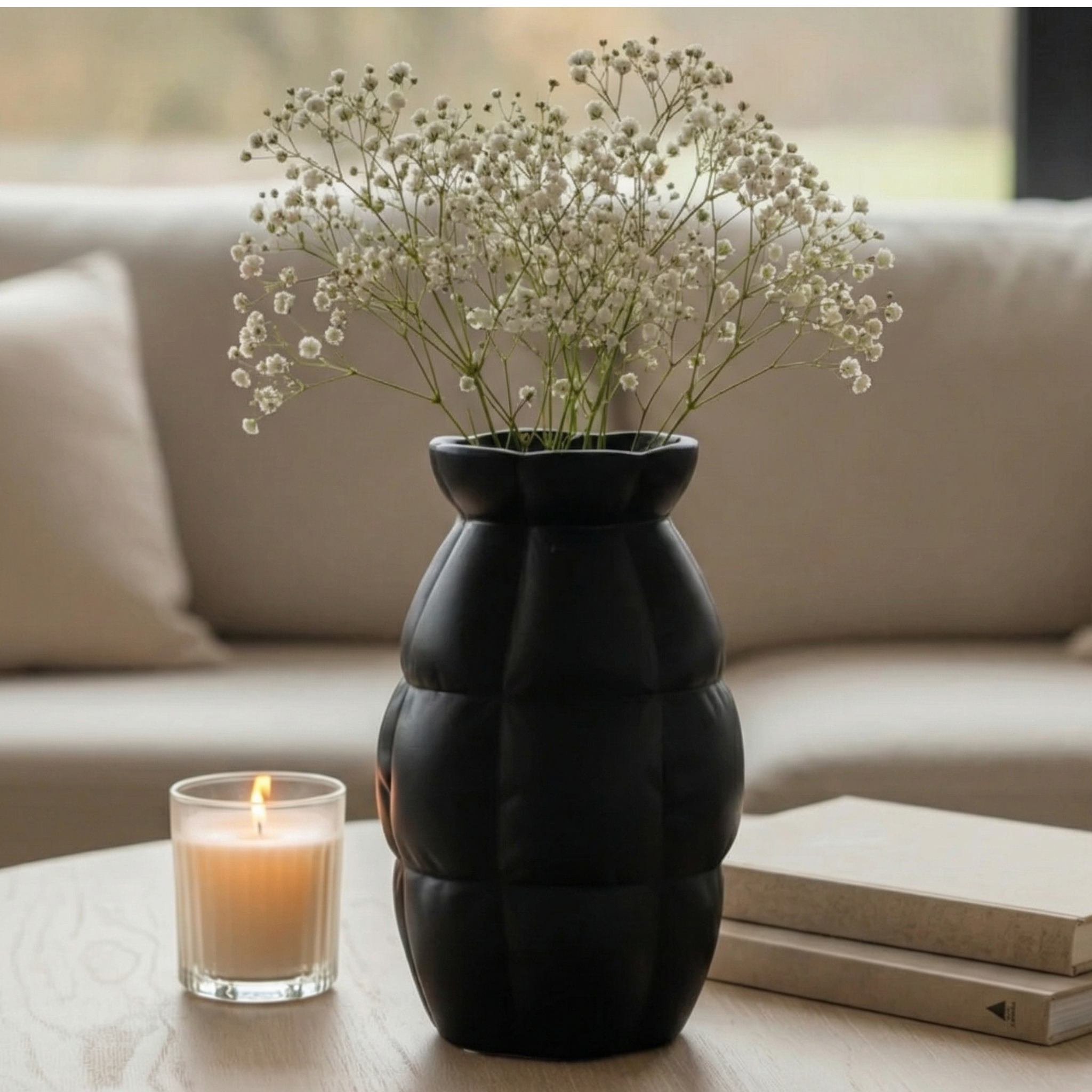 Skylark Terracotta Vase, Hand-painted in Jet Black, 5.5"D x 9"H