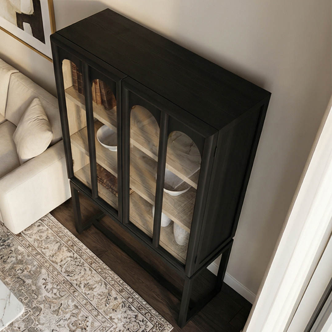 Ephyra, Oak Display Cabinet in Waxed Black Finish, Featuring Arch Glass Doors, 39.4”L x 17.7”W x 67.7”H.