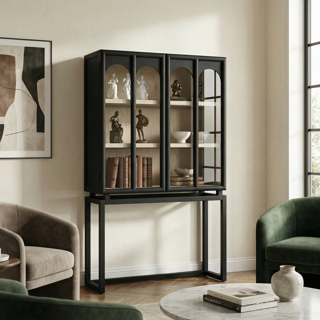 Ephyra, Oak Display Cabinet in Waxed Black Finish, Featuring Arch Glass Doors, 39.4”L x 17.7”W x 67.7”H.