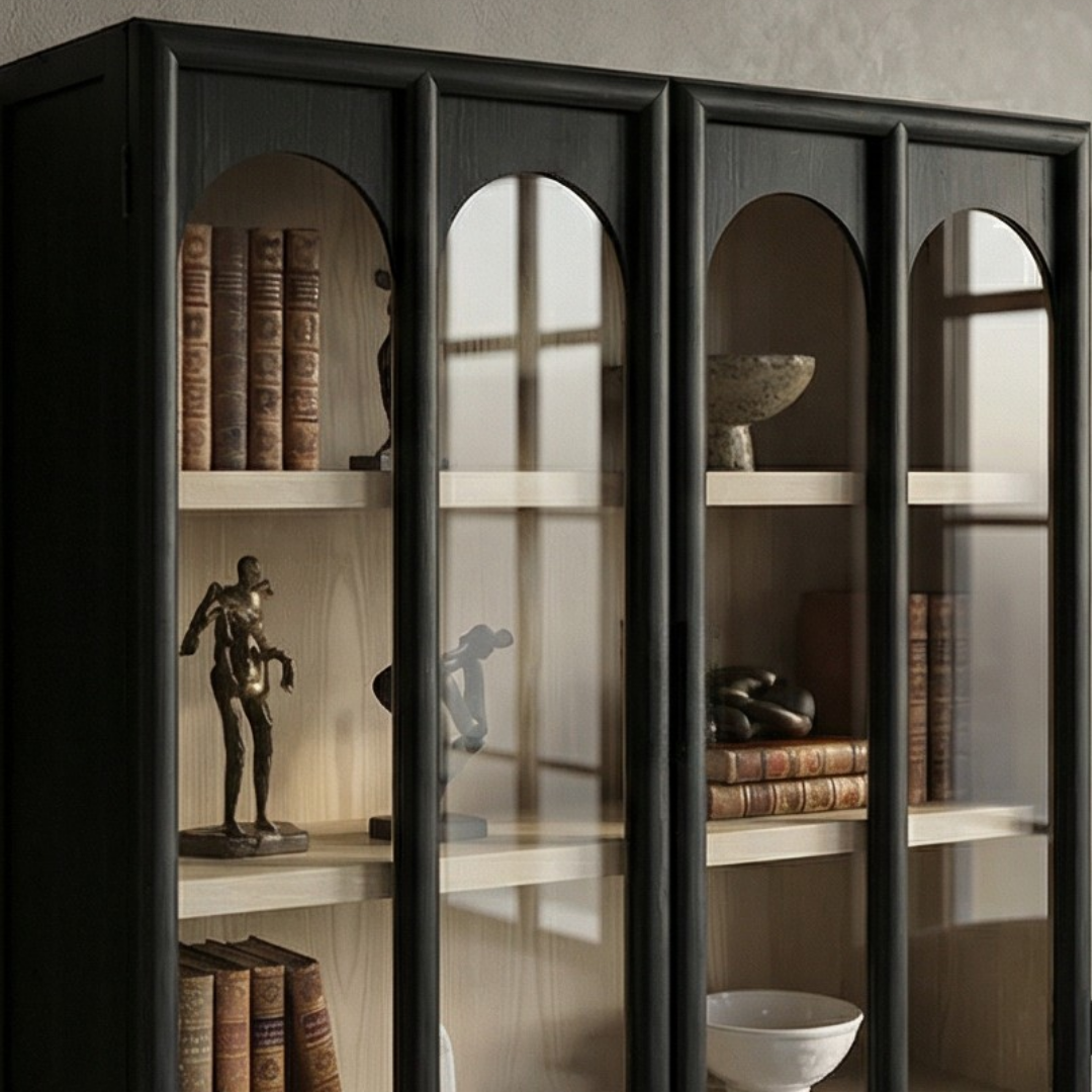 Ephyra, Oak Display Cabinet in Waxed Black Finish, Featuring Arch Glass Doors, 39.4”L x 17.7”W x 67.7”H.