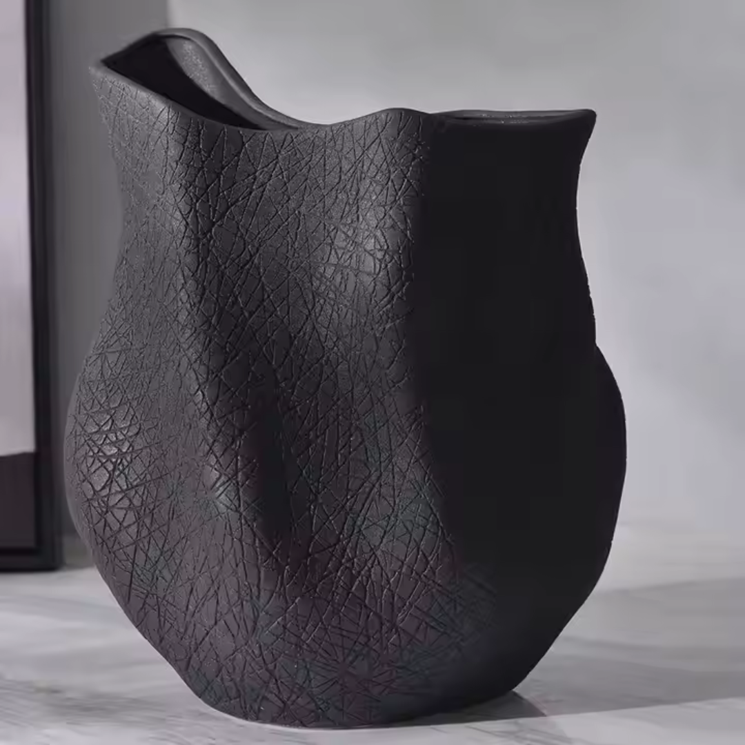 Everest Terracotta Vessel, Hand-painted in Jet Black, 11.4"L x 10"W x 13."H