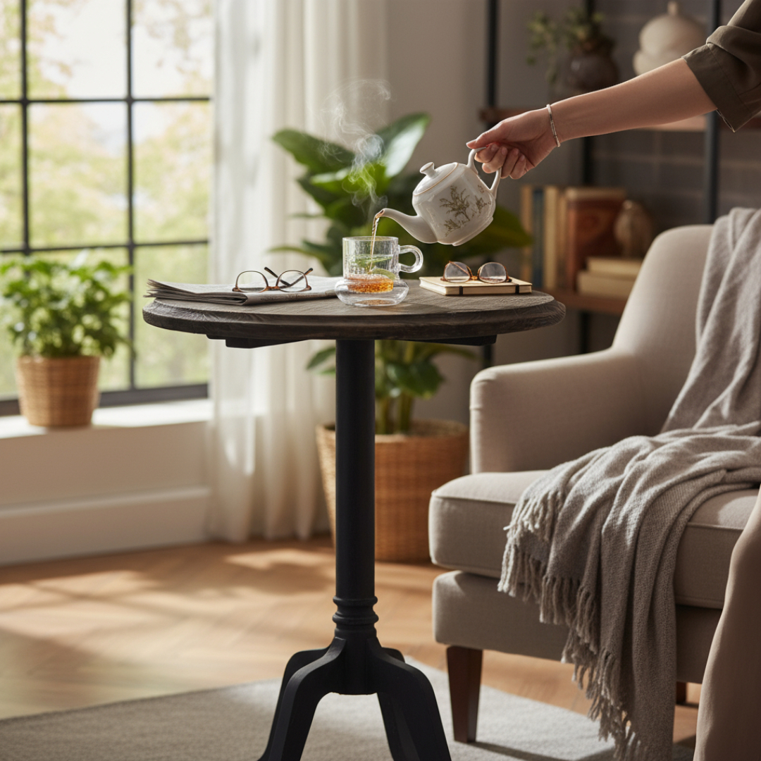 Bellevie, Pine Bistro Table Finished in Charcoal Wash, 24”D x 30”H