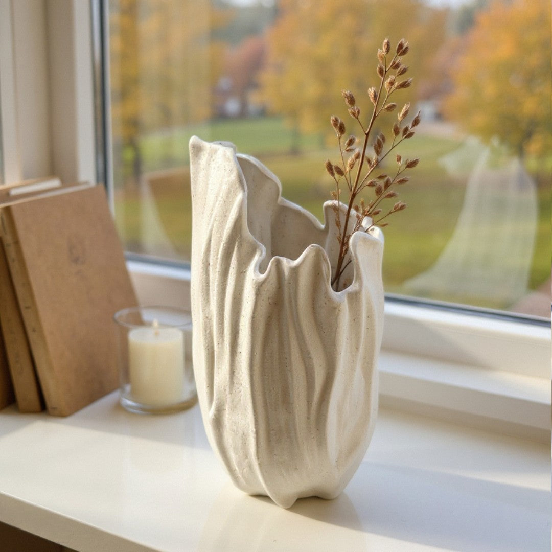 Lunaria Ivory Ceramic Sculptural Vase, 4.9"L x 4.5"W x 8.7"H.