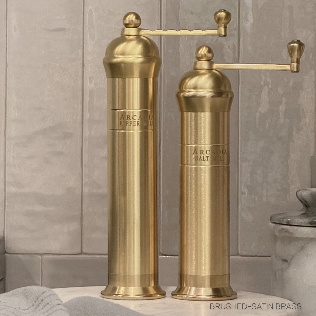 Arcadia, Vintage European Salt & Pepper Mill, Solid Brass, Timeless and Elegant Grinders