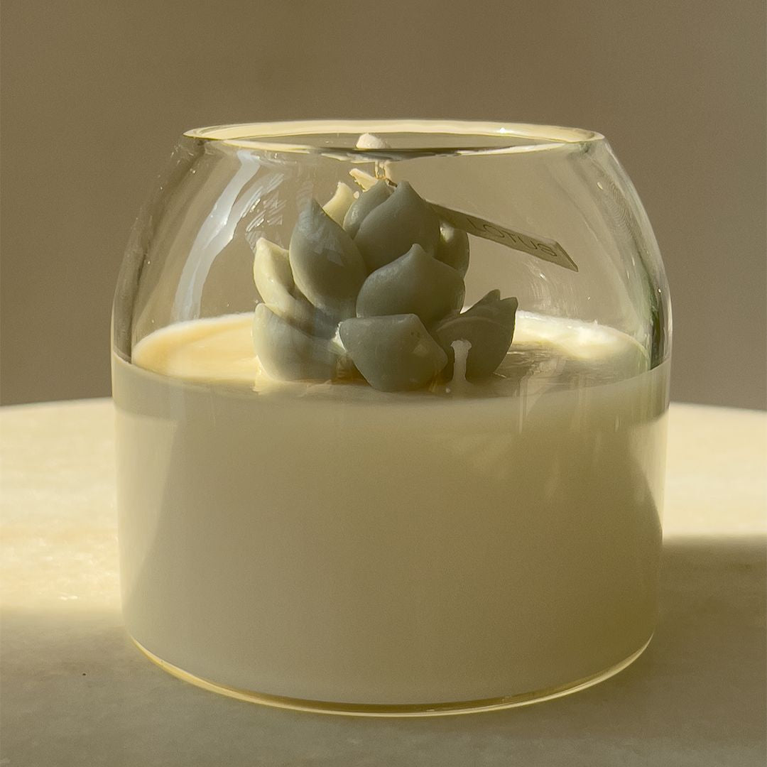 Spring Floral Bliss: Lotus Scent - Sage Succulent, 4 Wick Candle in Clear Glass