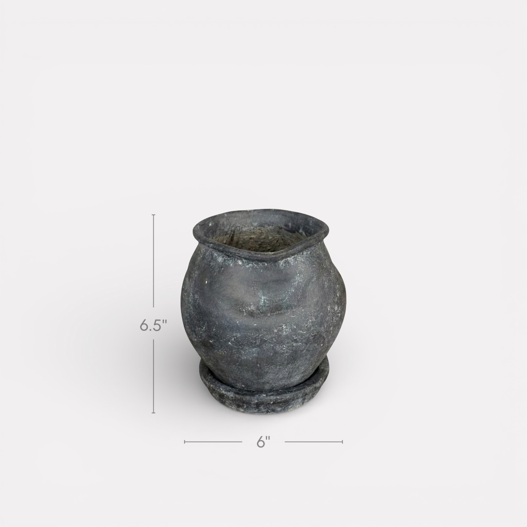 Odyssey Planter with Dish and Drainage Hole, Cement Pot in Weathered Black, 6"D x 6.5"H