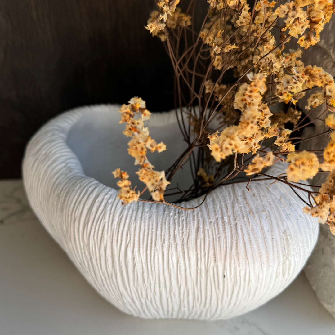 Zephyr Bowl, Artisan Cement Display Piece Hand-painted in White Dove, 9.8"L x 7"W x 5.5"H
