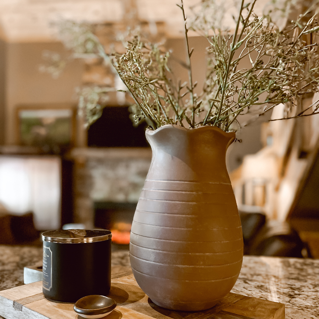 Sable Scalloped Crock,Terracotta Pot,Hand-Painted in Earthly Brown, 6.2"D x 9.4"H