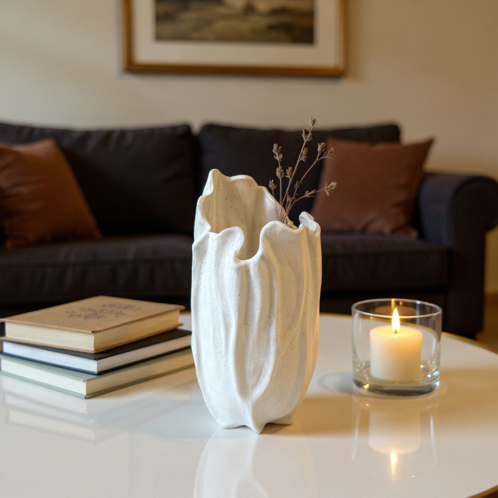 Lunaria Ivory Ceramic Sculptural Vase, 4.9"L x 4.5"W x 8.7"H.