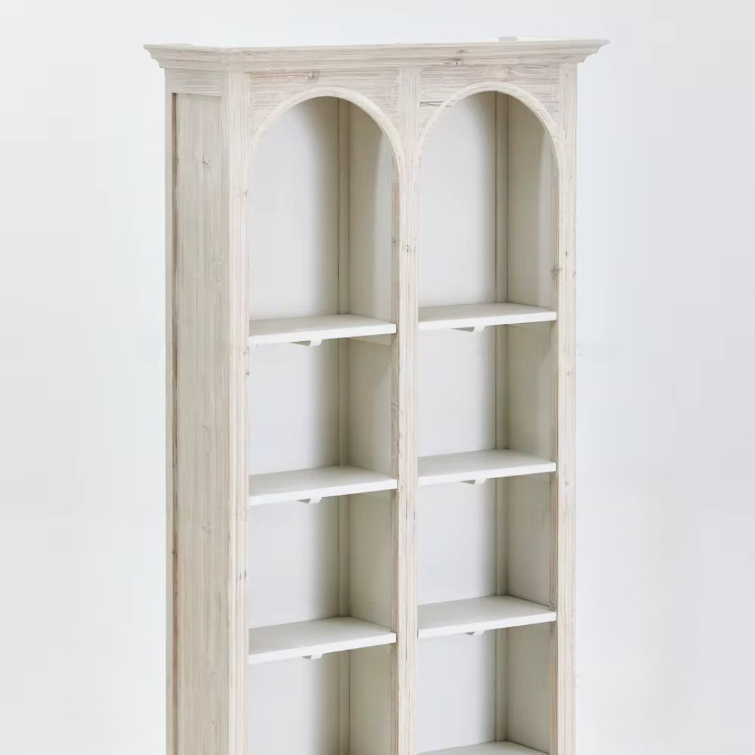 Athis, Double-Arch Recycled Pine, Bookcase/ Display Cabinet in Natural Limewash Finish, 40"L x 12"W x 79"H