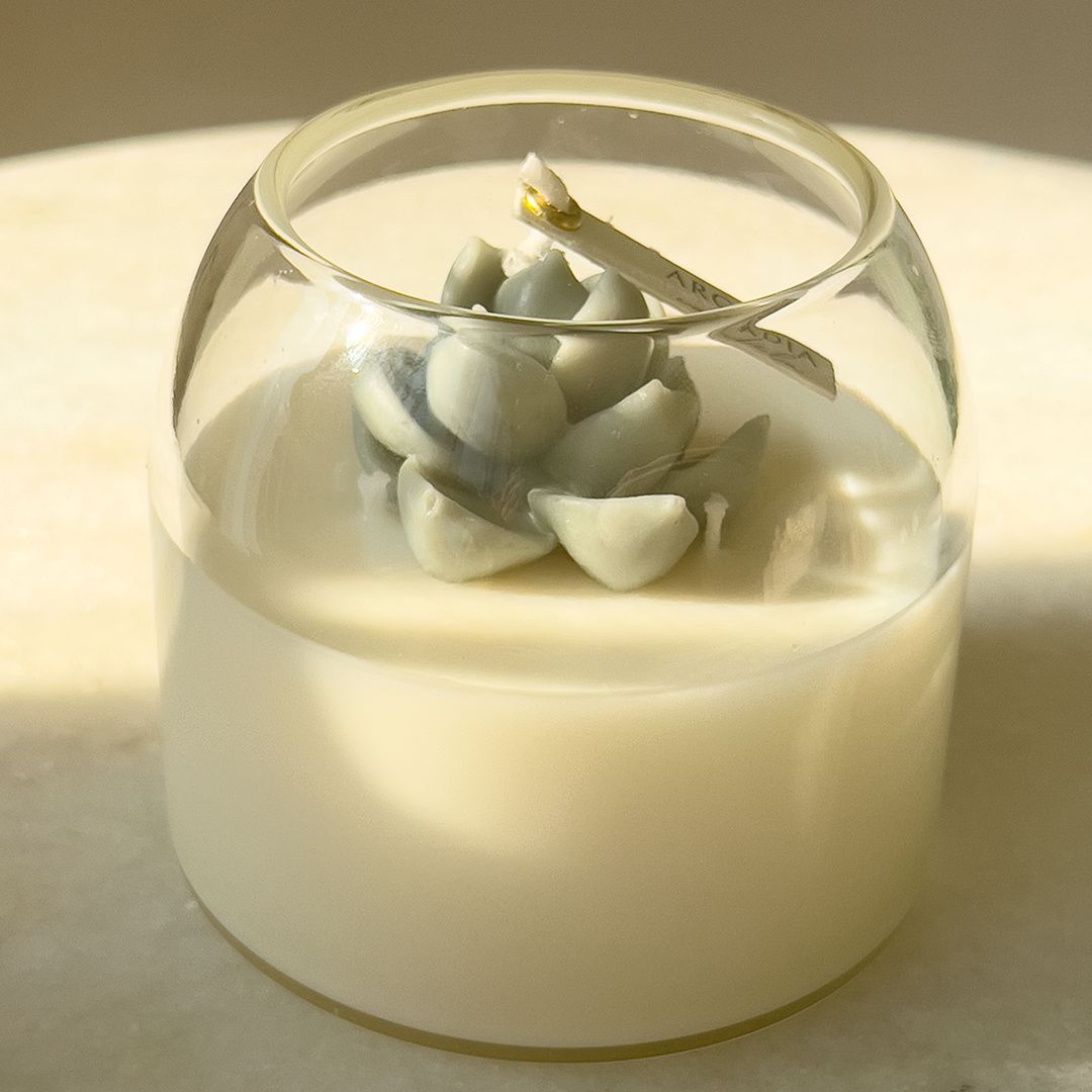 Spring Floral Bliss: Lotus Scent - Sage Succulent, 4 Wick Candle in Clear Glass