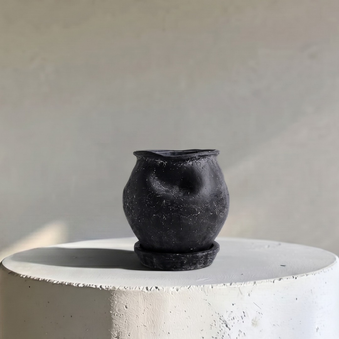 Odyssey Planter with Dish and Drainage Hole, Cement Pot in Weathered Black, 6"D x 6.5"H