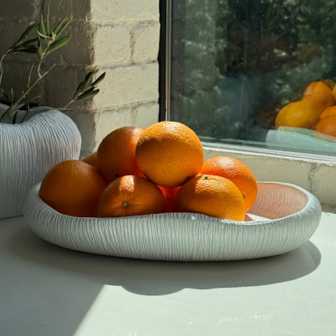 Zephyr Serving Tray, Artisan Cement Display Piece Hand-painted in White Dove, 14.1"D x 2.3"H