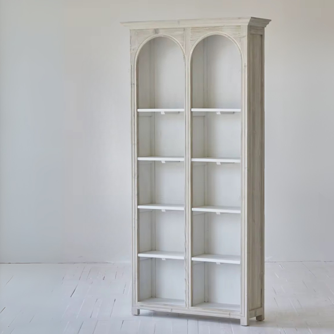 Athis, Double-Arch Recycled Pine, Bookcase/ Display Cabinet in Natural Limewash Finish, 40"L x 12"W x 79"H
