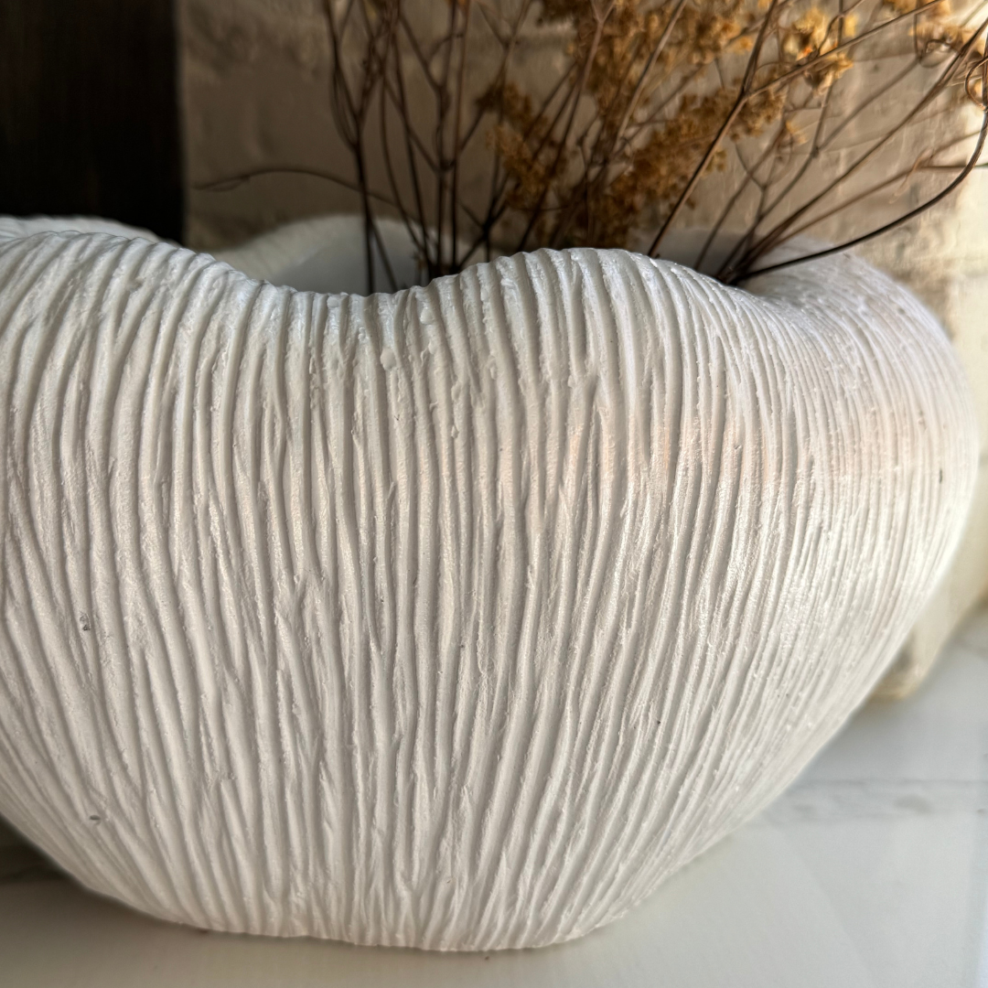 Zephyr Bowl, Artisan Cement Display Piece Hand-painted in White Dove, 9.8"L x 7"W x 5.5"H