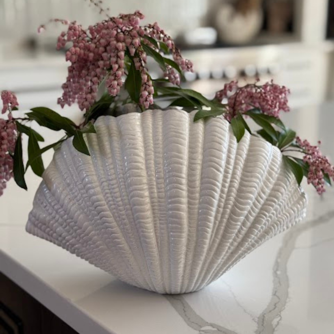 Coraline, Terracotta Vase Hand-painted in Oyster White, 12.2"L x 8.2"H