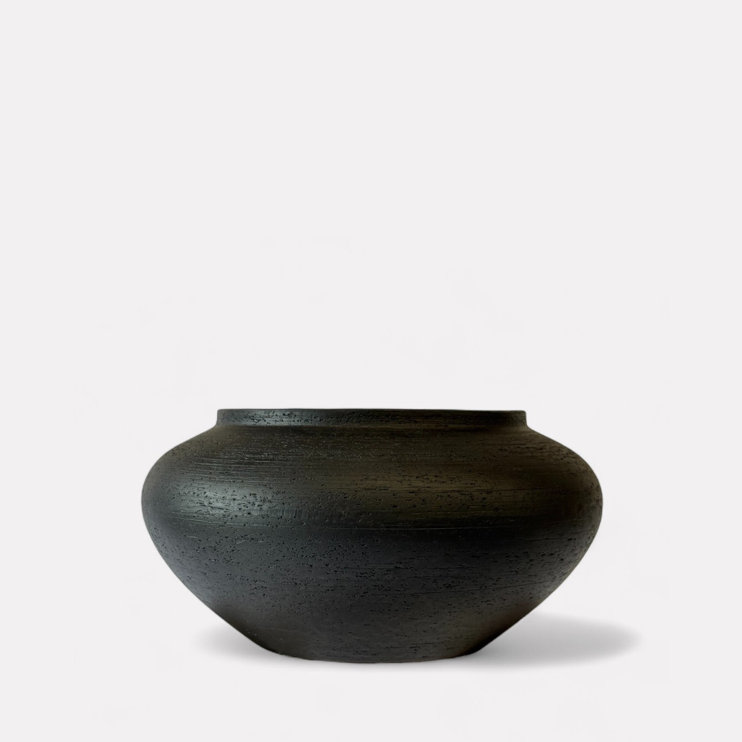 Milan, Terracotta Vessel, Handpainted in Jet Black, 12.5"D x 6.2"H