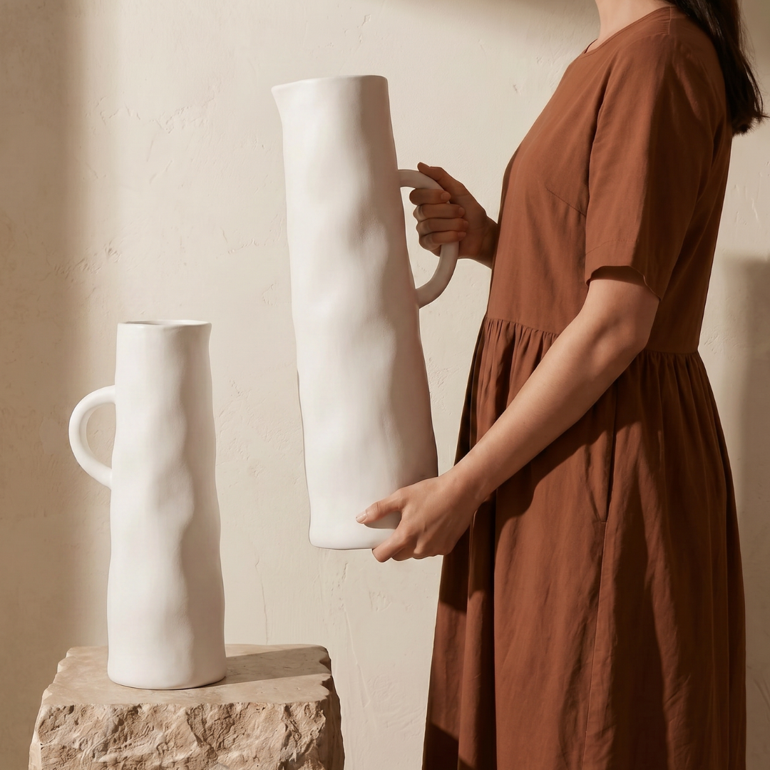 Savannah Pitcher-Style, Terracotta Vessel, Handpainted in Oyster White