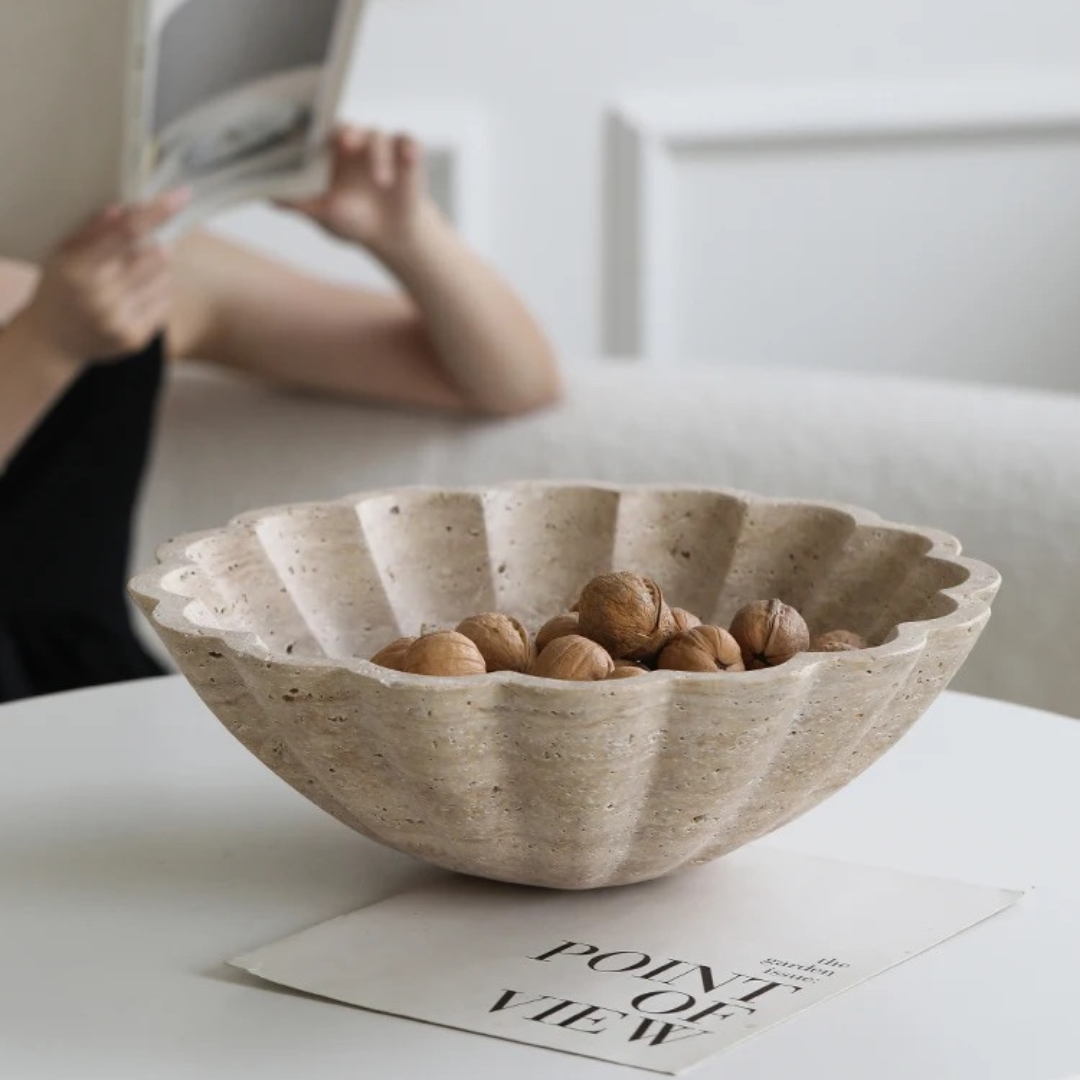 Crescendo Large Beige Travertine Bowl with Scalloped-edge Detail