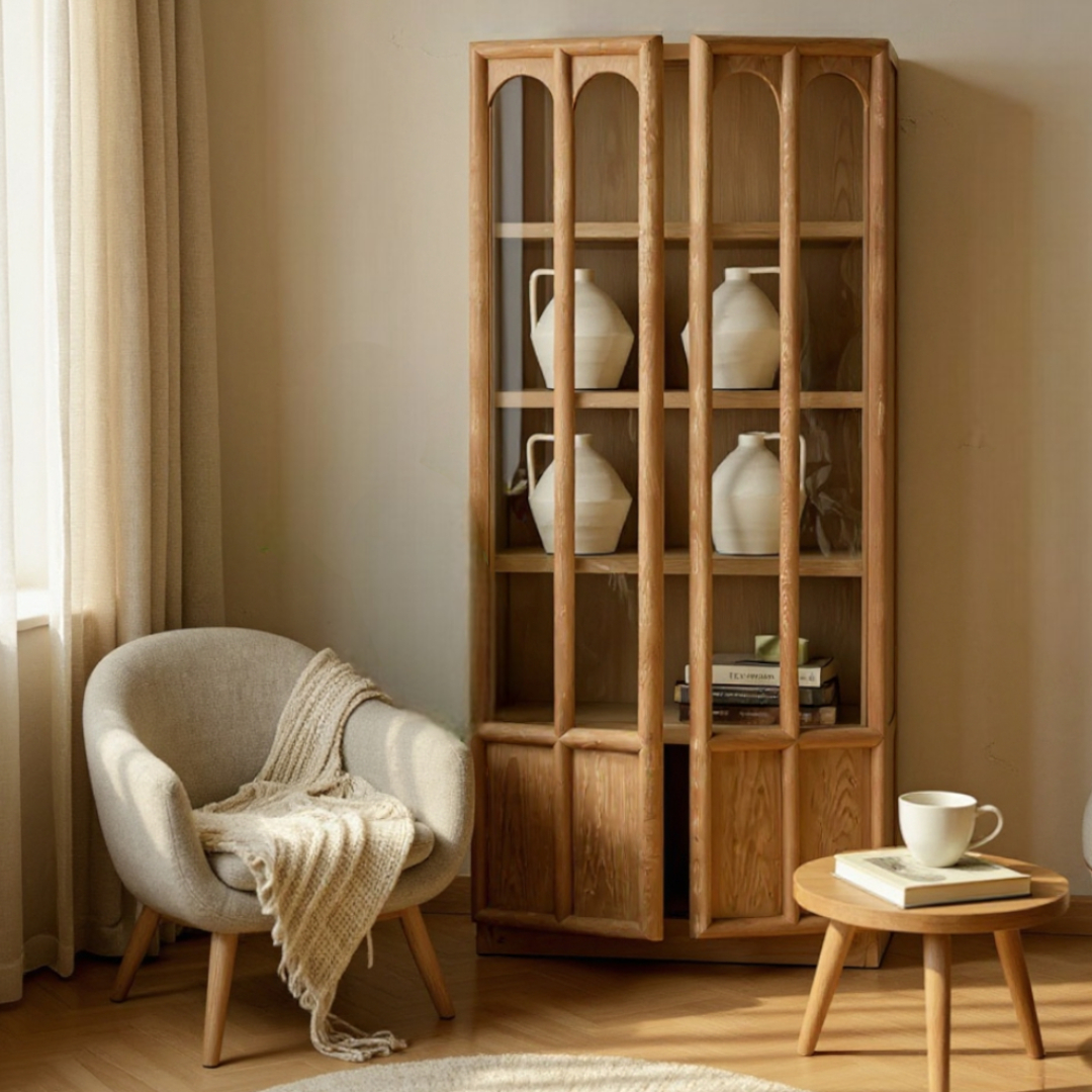 Oakmere, Oak Display Cabinet in Finished in a Warm Ash Finish, 32”L x 16”W x 71”H