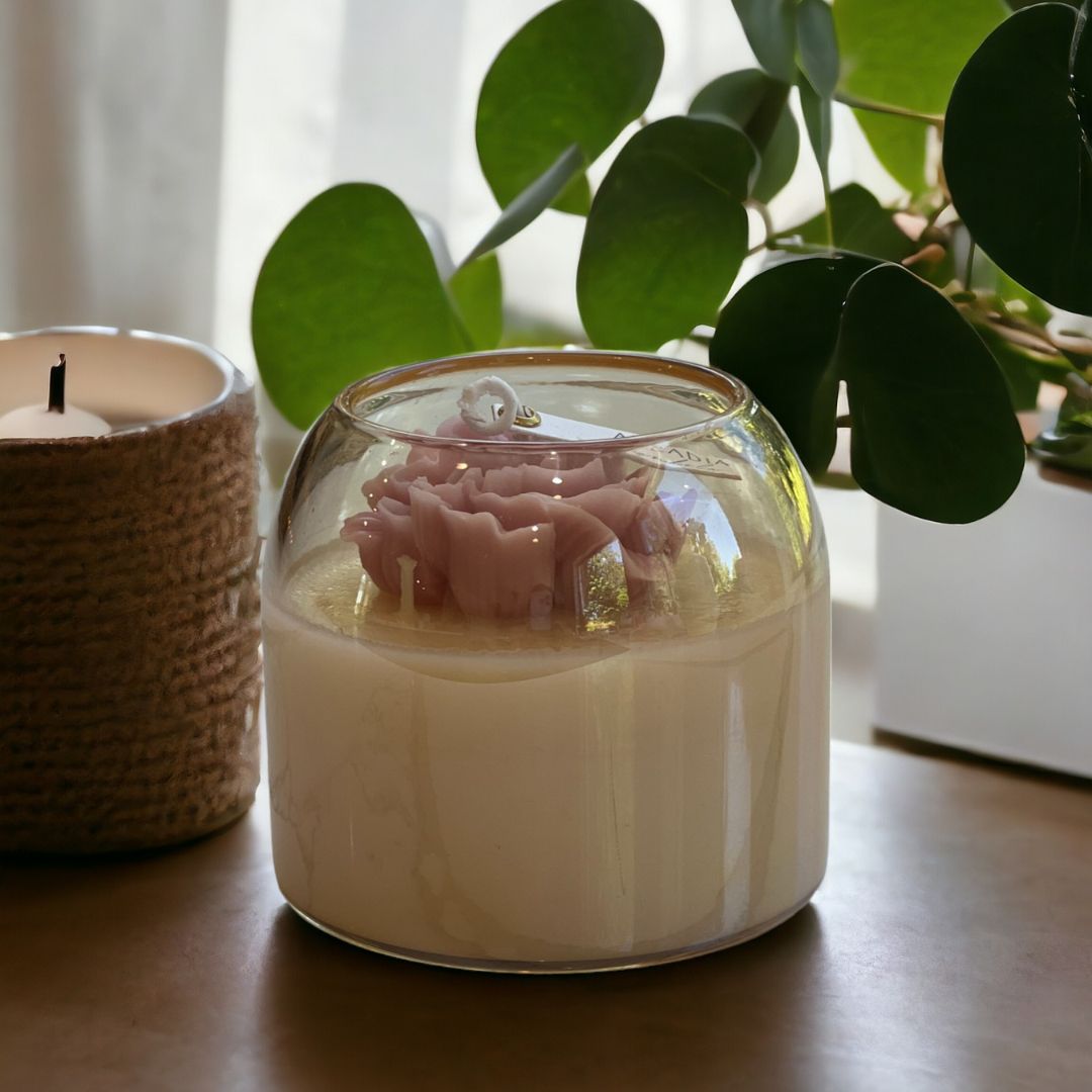 Spring Floral Bliss: Pink Peony & Papaya Scent- Pink Flower Infused Candle in Amber Glass