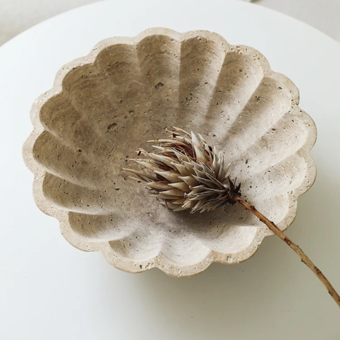 Crescendo Large Beige Travertine Bowl with Scalloped-edge Detail