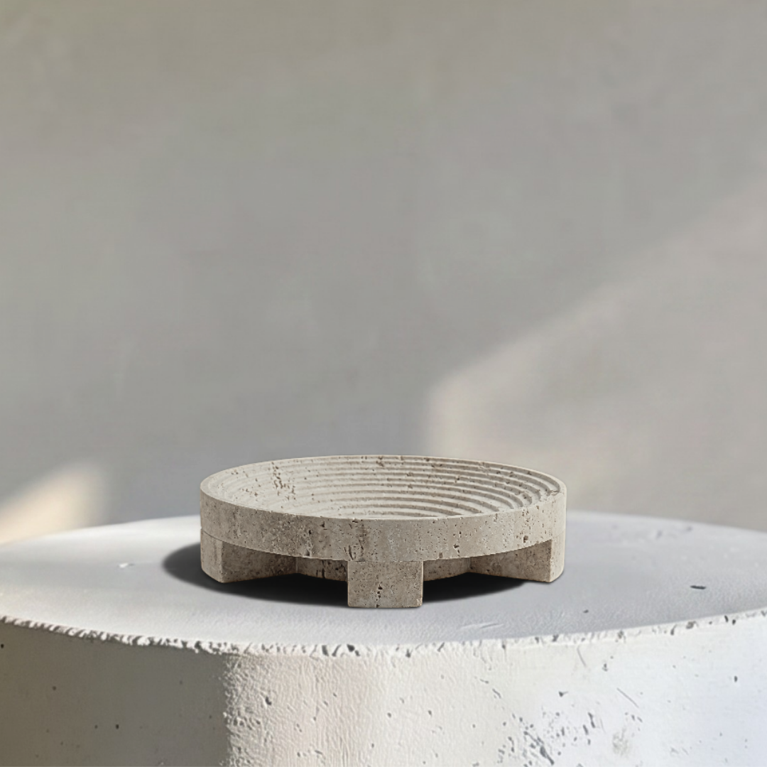 Grazia Travertine Stone, Round Shallow Tray with Modern-edged Detail