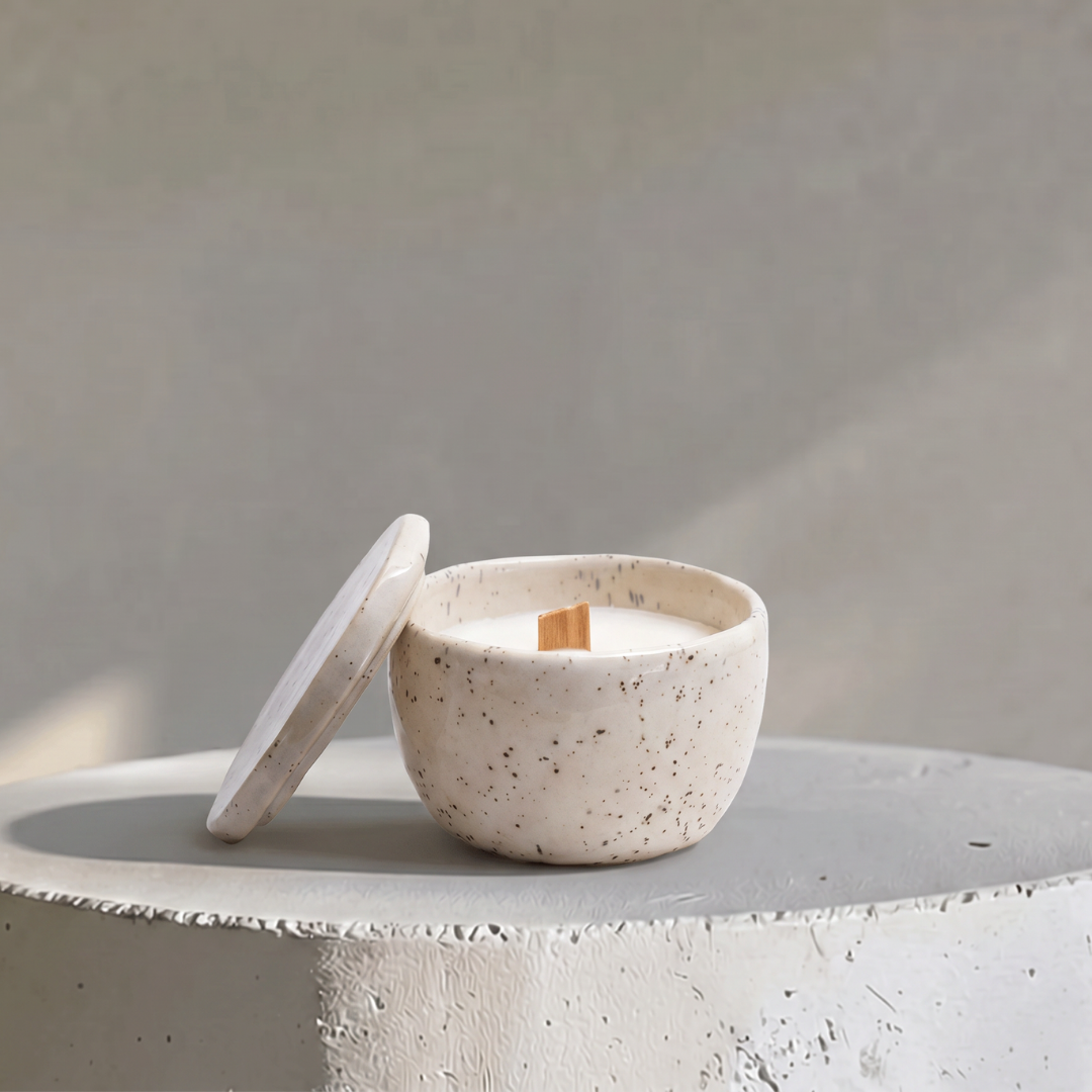 Speckled Solace, Handcrafted Candēla with Ceramic Vessel & Lid, 2.7" D x 2.7"H