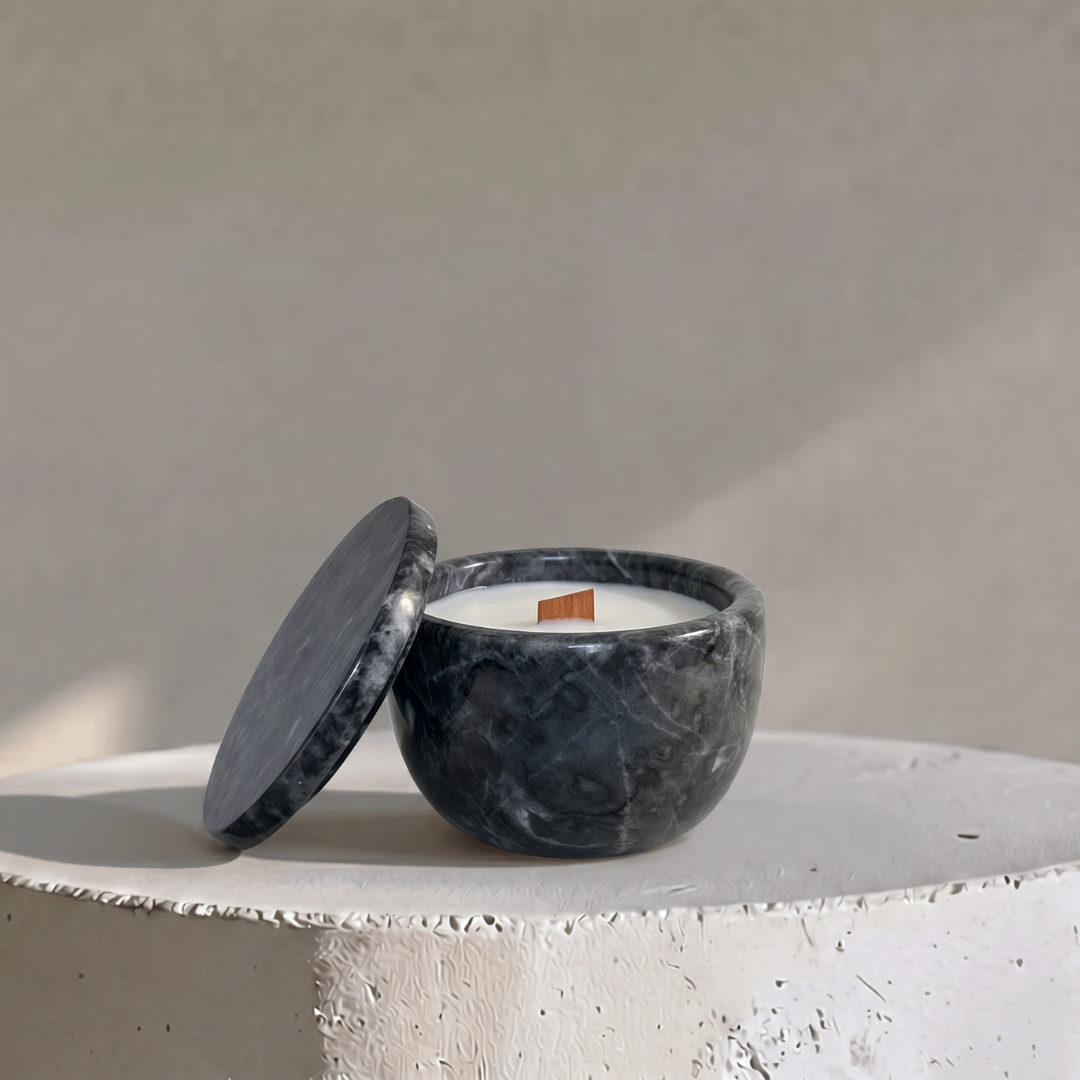 Midnight Stone Candēla, Marble Vessel with Lid