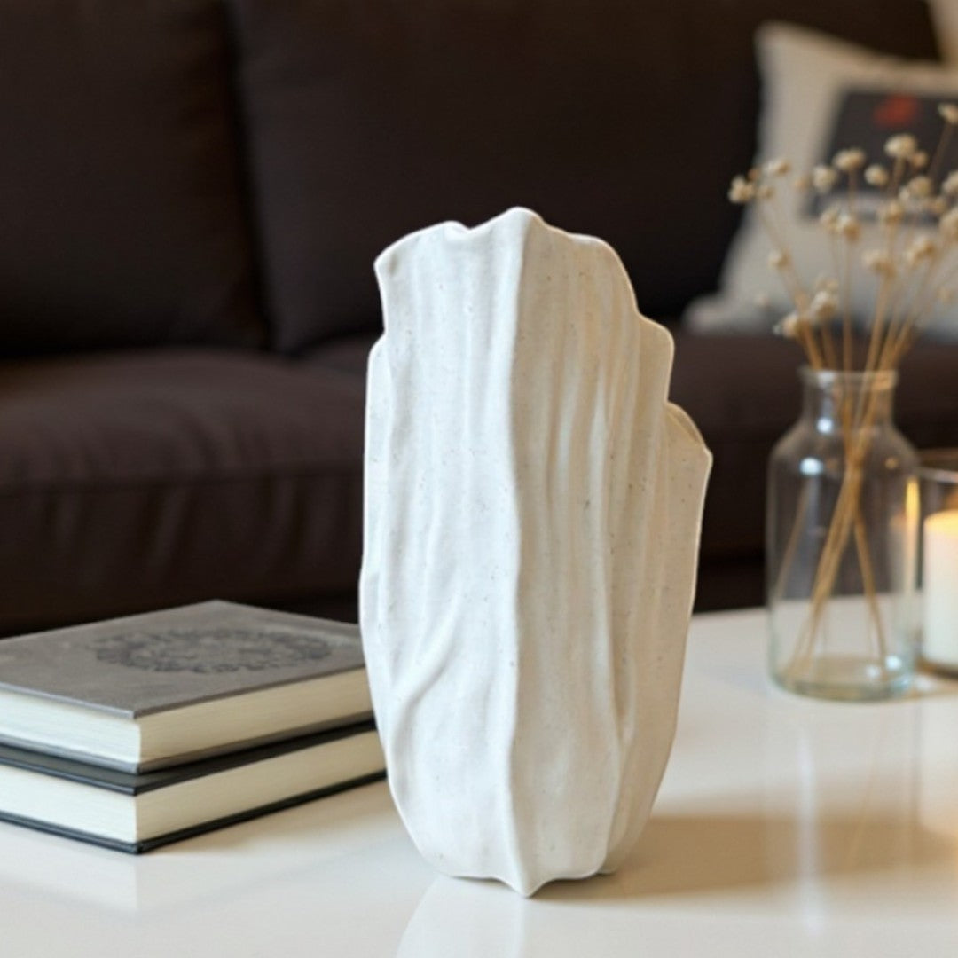 Lunaria Ivory Ceramic Sculptural Vase, 4.9"L x 4.5"W x 8.7"H.