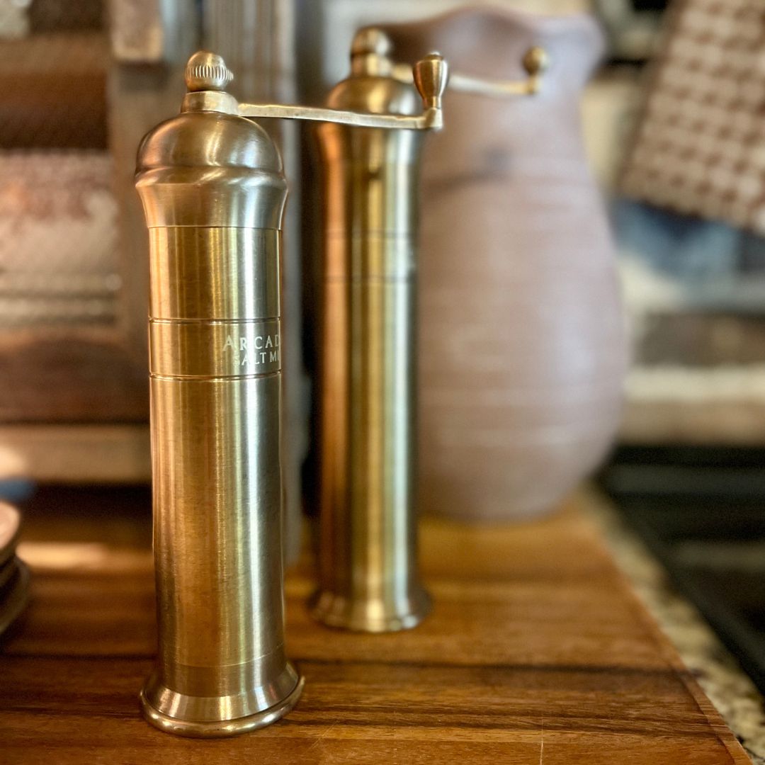 Arcadia, Vintage European Salt & Pepper Mill, Solid Brass, Timeless and Elegant Grinders
