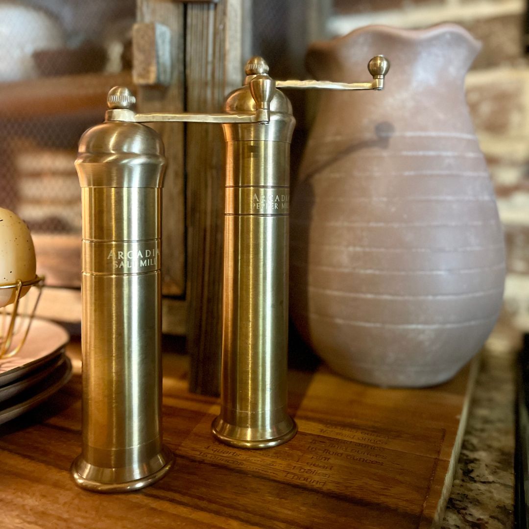 Arcadia, Vintage European Salt & Pepper Mill, Solid Brass, Timeless and Elegant Grinders