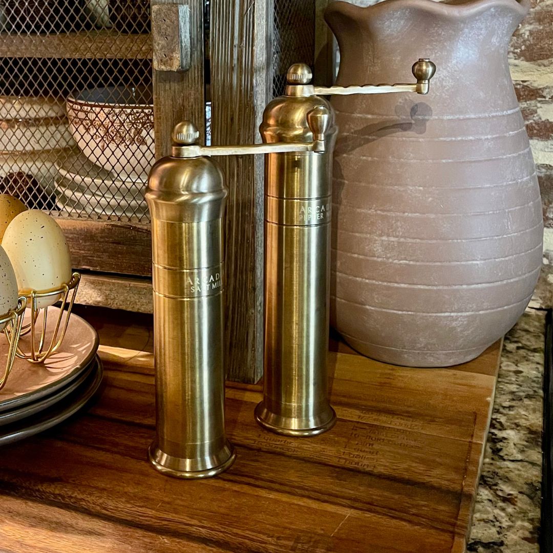 Arcadia, Vintage European Salt & Pepper Mill, Solid Brass, Timeless and Elegant Grinders