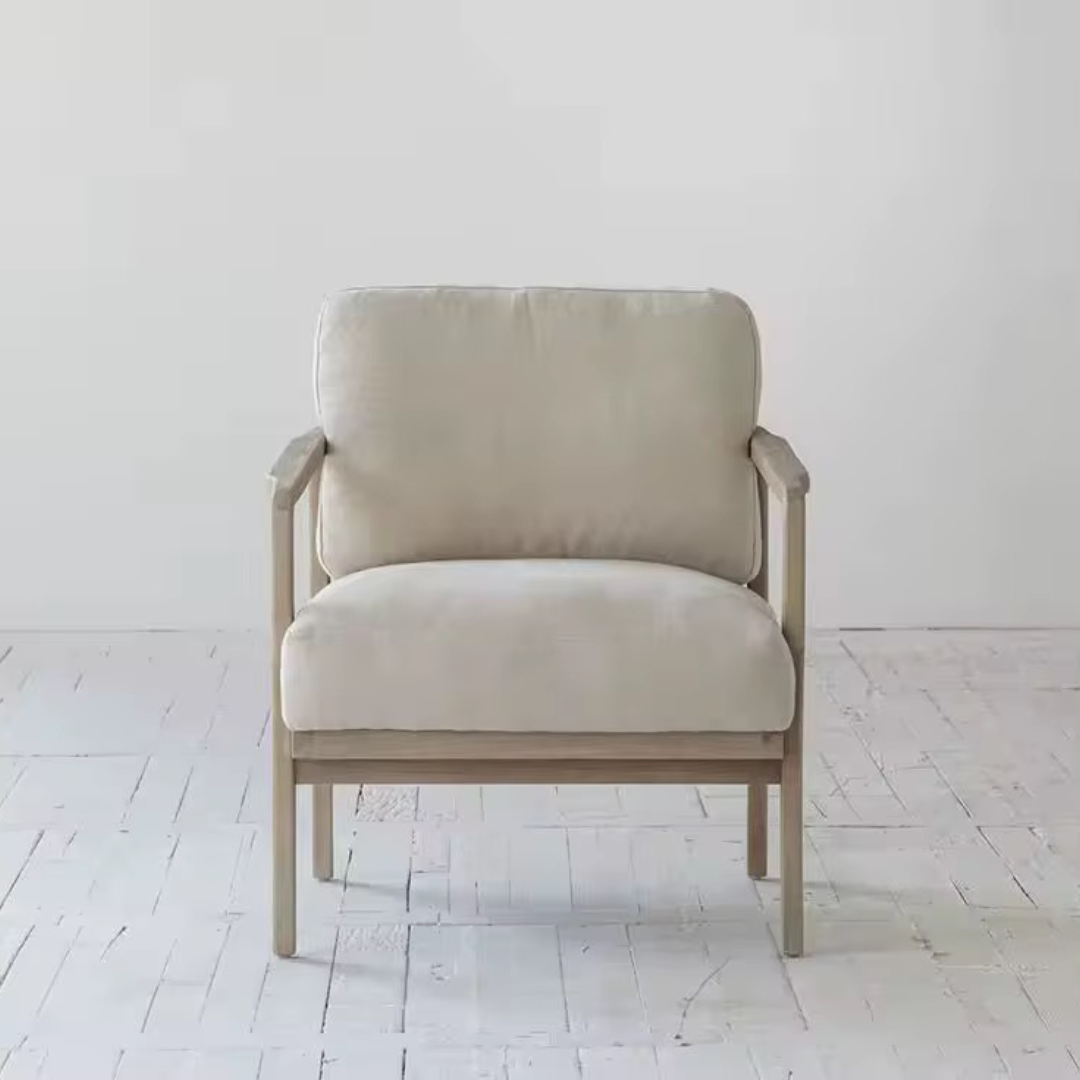 Arvora, Oak Rope Back Armchair in a Smoky Grey Finish with Oatmeal Linen Weave Upholstery & Hand Strung Rope Back Detail 30”L x 32”W x 35”H