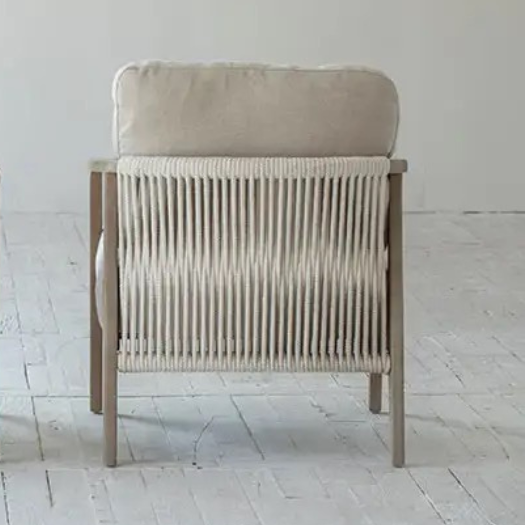 Arvora, Oak Rope Back Armchair in a Smoky Grey Finish with Oatmeal Linen Weave Upholstery & Hand Strung Rope Back Detail 30”L x 32”W x 35”H