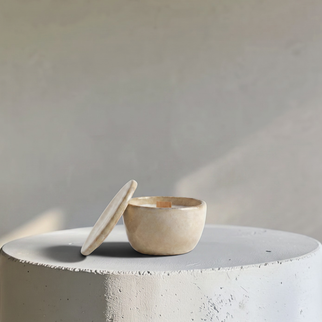 Solace Sands, Handcrafted Candēla with Ceramic Vessel & Lid, 2.7" D x 2.7"H